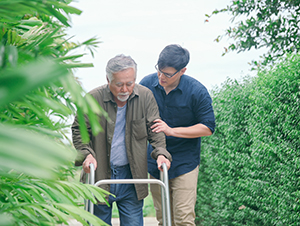 Allied health assistant helping elderly man with walking in path way at home garden for relaxant or rehabilitation physiotherapy